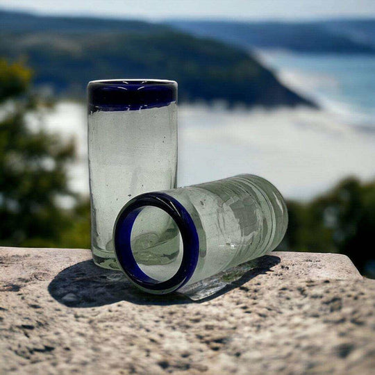 Hand Blown Mexican Shot Glass | Blue Rim Double Shot Glass Set - hand-blown clear glasses with cobalt rim, subtle bubbles, perfect for tequila or mezcal
