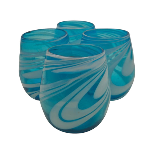 Hand-Blown Mexican Stemless Wine Glass | Teal White Swirl Design set