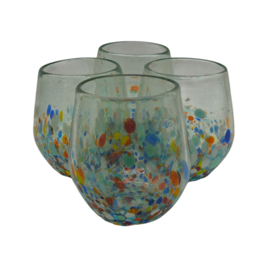 Hand-Blown Mexican Stemless Wine Glass | Confetti & Clear Design set of four.