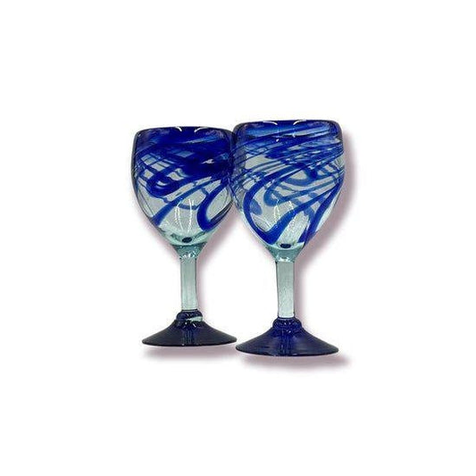 Hand Blown Mexican Wine Glass | Blue Swirl