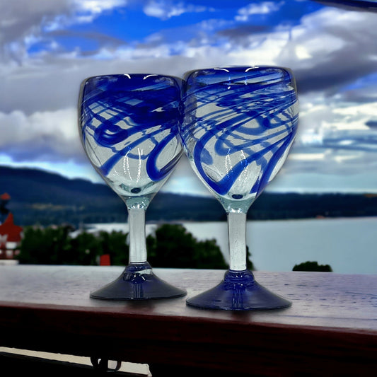 Hand Blown Mexican Wine Glasses | Blue Swirl Glass Goblets