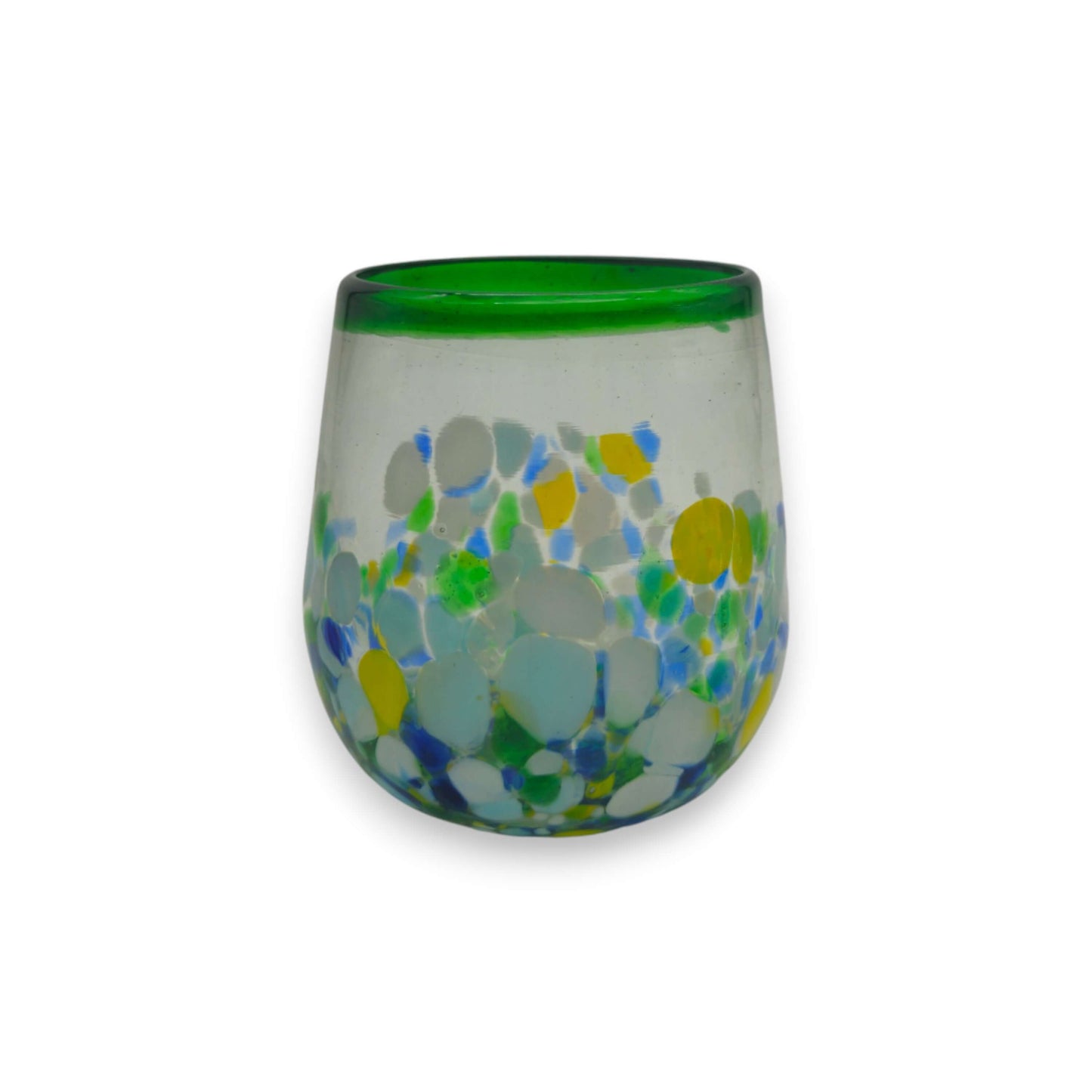 Hand-Blown Stemless Wine Glass | Mexican Confetti with Green Rim - hand-blown lead-free glass with blue, yellow and white confetti