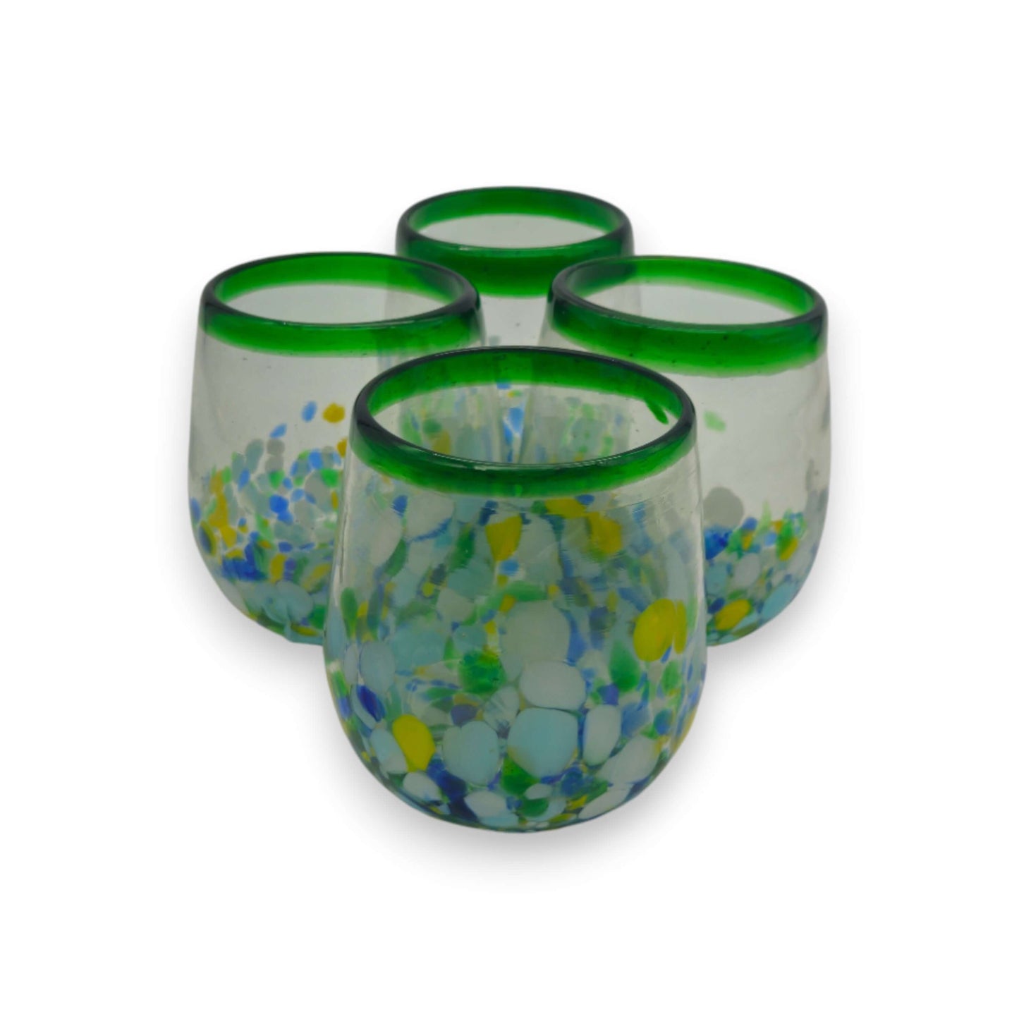 Hand-Blown Stemless Wine Glass | Mexican Confetti with Green Rim - set of four hand-blown lead-free glasses with blue, yellow and white confetti and green rim