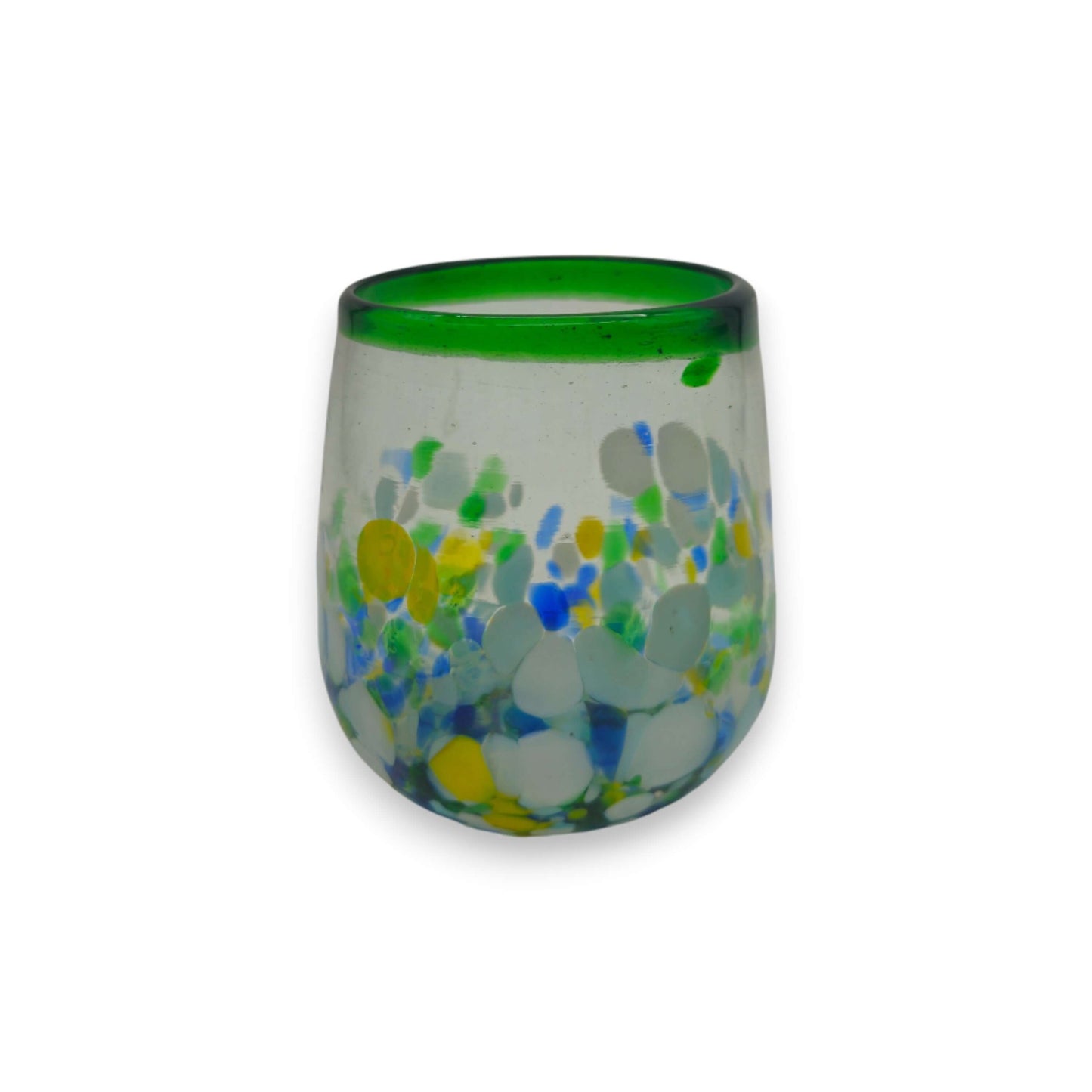 Hand-Blown Stemless Wine Glass | Mexican Confetti with Green Rim - hand-blown lead-free glass with blue, yellow, white confetti and bold green rim