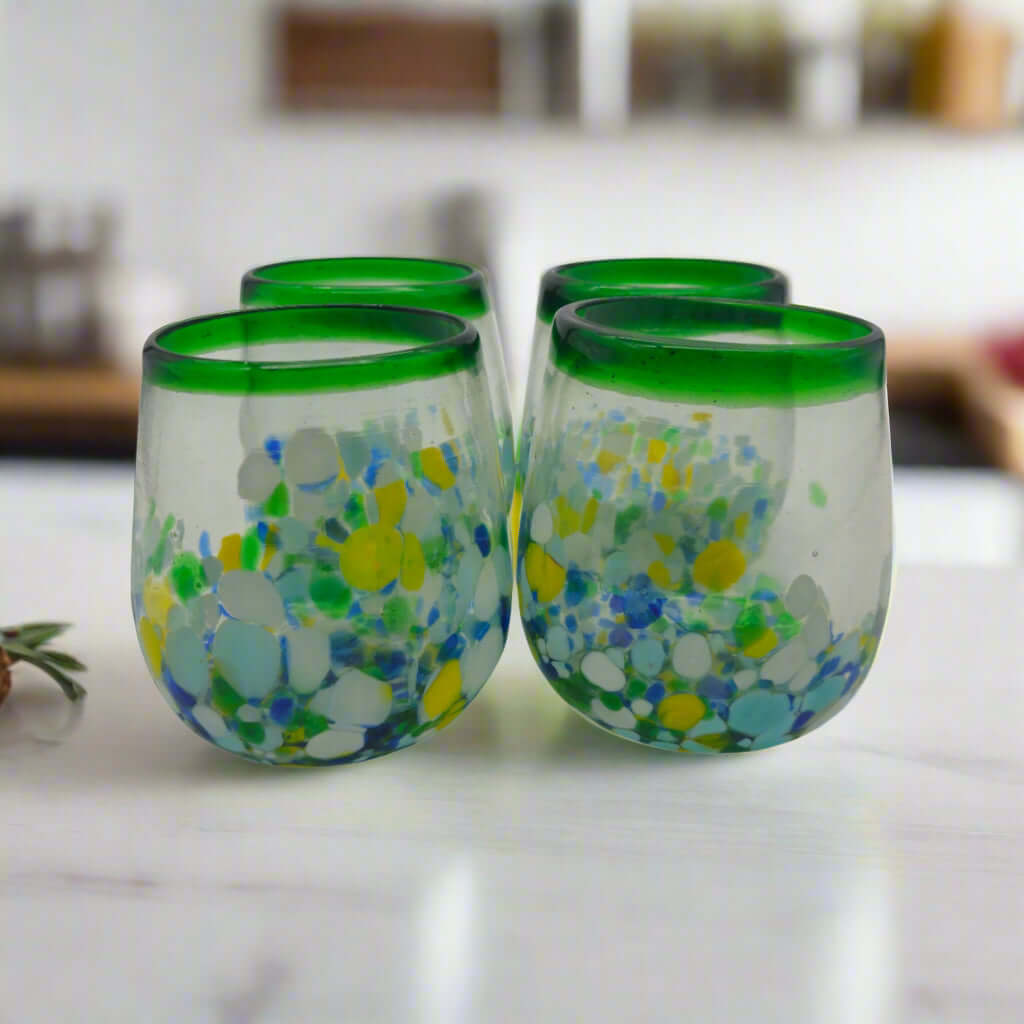Hand-Blown Stemless Wine Glass | Mexican Confetti with Green Rim - set of 4 hand-blown glasses with green rim and blue yellow confetti pattern