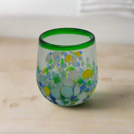Hand-Blown Stemless Wine Glass | Mexican Confetti with Green Rim - hand-blown lead-free glass with green rim and blue yellow confetti pattern