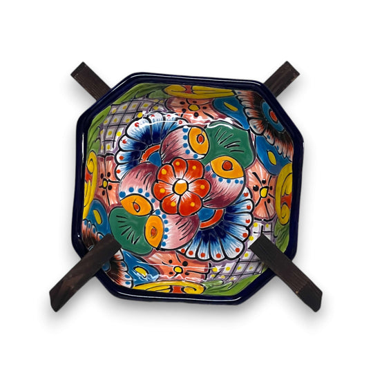 6.5" Square Talavera Bowl | Hand-Painted Mexican Dinnerware - hand-painted square floral ceramic bowl in orange blue red green, Guanajuato artisan piece