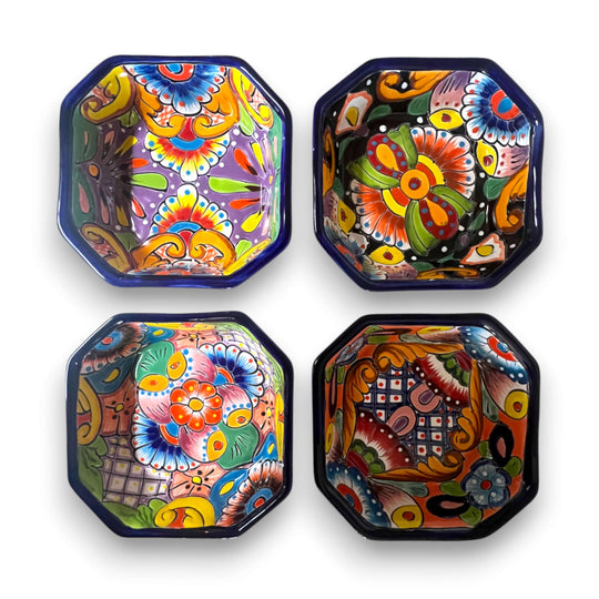 6.5" Square Talavera Bowl | Hand-Painted Mexican Dinnerware — four colorful hand-painted square Talavera bowls with floral patterns