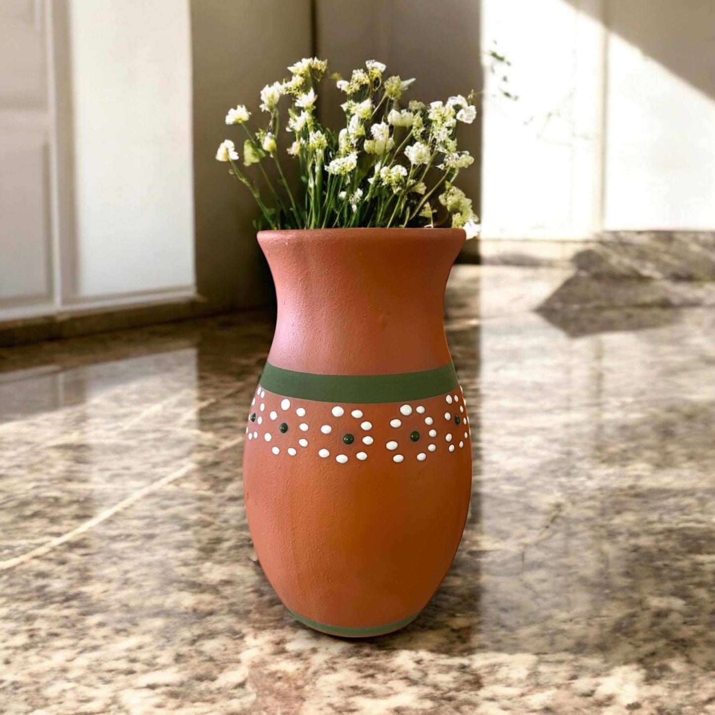 Hand-Painted Barro Talavera Vase | Vibrant Mexican Flower Pot on marble table with white baby's breath flowers
