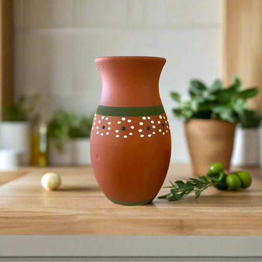 Hand-Painted Barro Talavera Vase | Vibrant Mexican Flower Pot - hand-painted terracotta vase with white dot floral band, rustic Guanajuato pottery