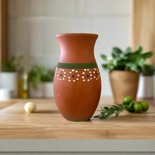 Hand-Painted Barro Talavera Vase | Vibrant Mexican Flower Pot - hand-painted terracotta vase with white dot floral band, rustic Guanajuato pottery