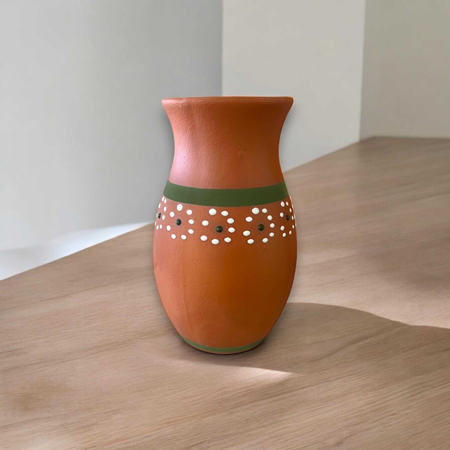 Hand-Painted Barro Talavera Vase | Vibrant Mexican Flower Pot - hand-painted terracotta vase with green band and white dot floral pattern