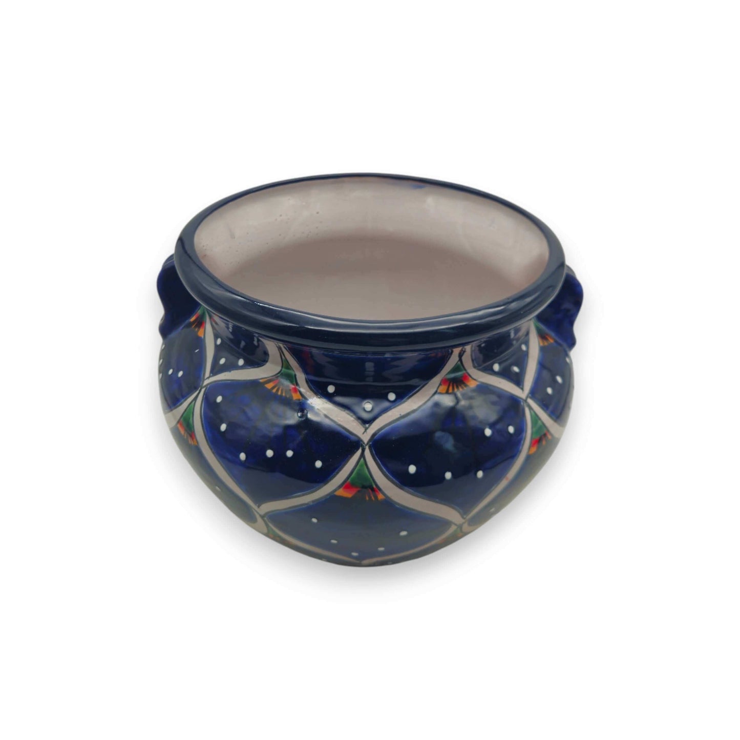 Blue Peacock Talavera Pot | Hand-Painted Mexican Ceramic - deep cobalt blue hand-painted peacock feather motifs, green orange white accents, lead-free glaze