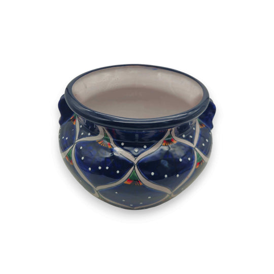Blue Peacock Talavera Pot | Hand-Painted Mexican Ceramic - deep cobalt blue hand-painted peacock feather motifs, green orange white accents, lead-free glaze