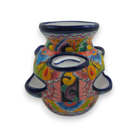 Blue Rim Talavera Strawberry Pot | Hand-Painted Mexican Planter - hand-painted multi-hued floral tiered strawberry pocket planter with deep blue rim