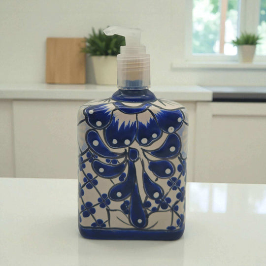 Hand-Painted Blue Talavera Soap Dispenser | Floral Ceramic Decor - hand-painted cobalt blue floral ceramic soap dispenser, lead-free glaze, Mexican Talavera