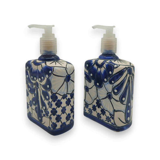 Hand-Painted Blue Talavera Soap Dispenser | Floral Ceramic Decor - hand-painted cobalt floral ceramic pump, kiln-fired, lead-free glaze