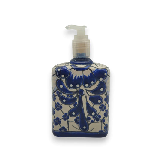 Hand-Painted Blue Talavera Soap Dispenser | Floral Ceramic Decor - hand-painted cobalt blue floral ceramic pump, Guanajuato craftsmanship