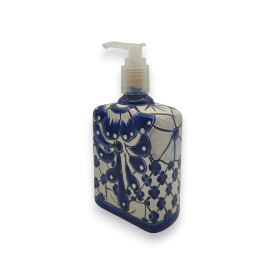 Hand-Painted Blue Talavera Soap Dispenser | Floral Ceramic Decor - cobalt blue floral hand-painted ceramic soap dispenser from Guanajuato, lead-free glaze