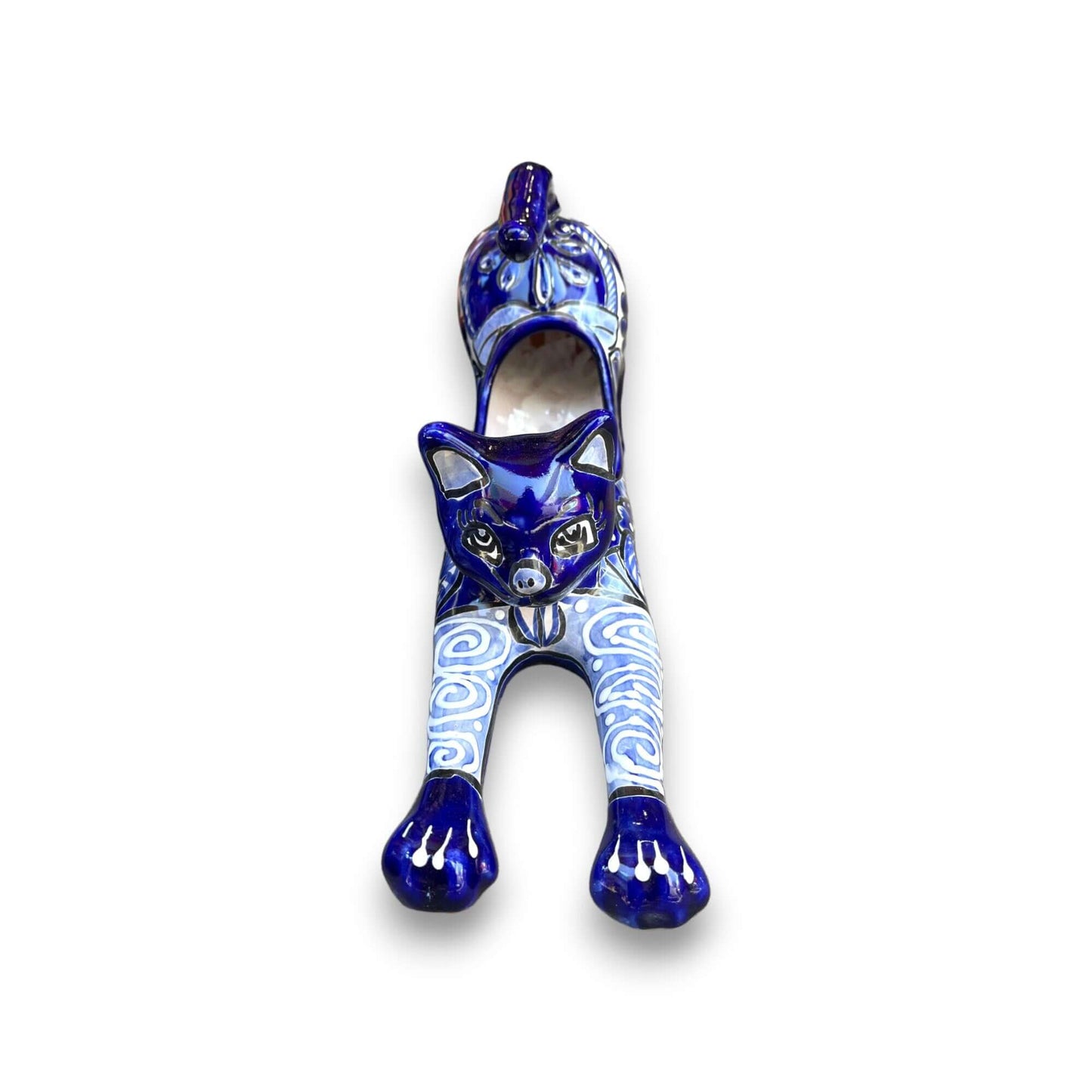 Hand-Painted Blue Talavera Stretching Cat Planter | Mexican Folk Art Decor - hand-painted blue Talavera cat planter with stretching pose and floral motifs