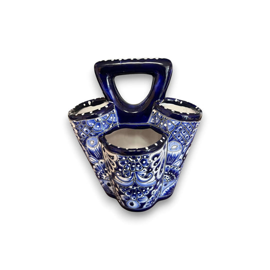 Talavera Utensil Holder | Hand-Painted Mexican Kitchen Organizer - blue hand-painted three-compartment ceramic utensil caddy