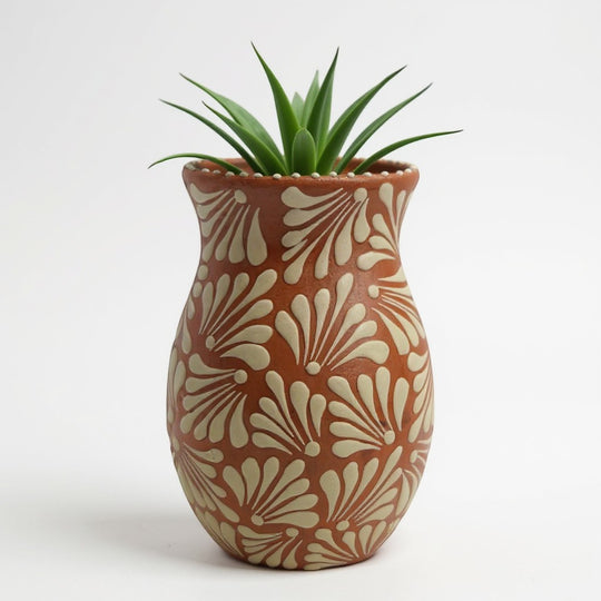 Brown & White Talavera Relief Vase | Hand-Painted Pottery with greenery