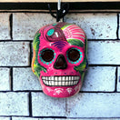 Colorful Calavera Skull | Hand-Painted Mexican Wall Art Decor - hand-painted pink ceramic calavera skull with floral motifs, kiln-fired, lead-free glaze