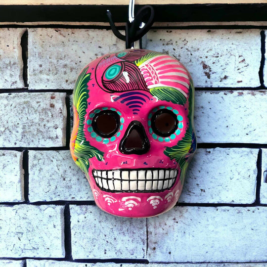 Colorful Calavera Skull | Hand-Painted Mexican Wall Art Decor - hand-painted pink ceramic calavera skull with floral motifs, kiln-fired, lead-free glaze