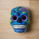 Colorful Calavera Skull | Hand-Painted Mexican Wall Art Decor - hand-painted blue ceramic skull with floral accents, kiln-fired, lead-free glaze