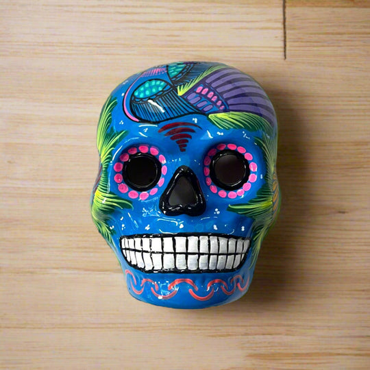 Colorful Calavera Skull | Hand-Painted Mexican Wall Art Decor - hand-painted blue ceramic skull with floral accents, kiln-fired, lead-free glaze