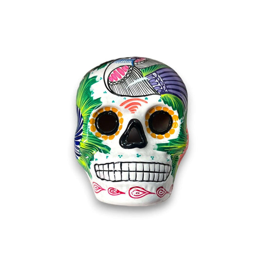 Colorful Calavera Skull | Hand-Painted Mexican Wall Art Decor — hand-painted Talavera-style skull with vibrant reds greens yellows and floral linework