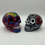 Guerrero Calavera Skull | Large Hand-Painted Day of the Dead Art - two colorful hand-painted Guerrero pottery skulls from Guanajuato