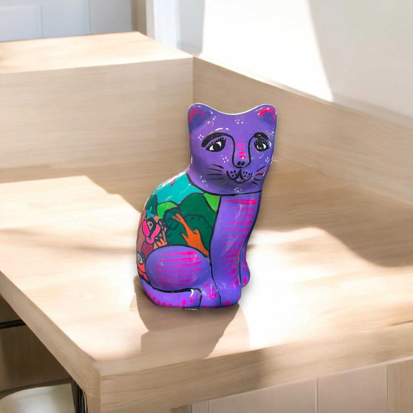 Hand-Painted Guerrero Cat | Colorful Mexican Gato Statue (Medium Size) - hand-painted Guerrero pottery cat, vibrant kiln-fired lead-free glaze, home decor