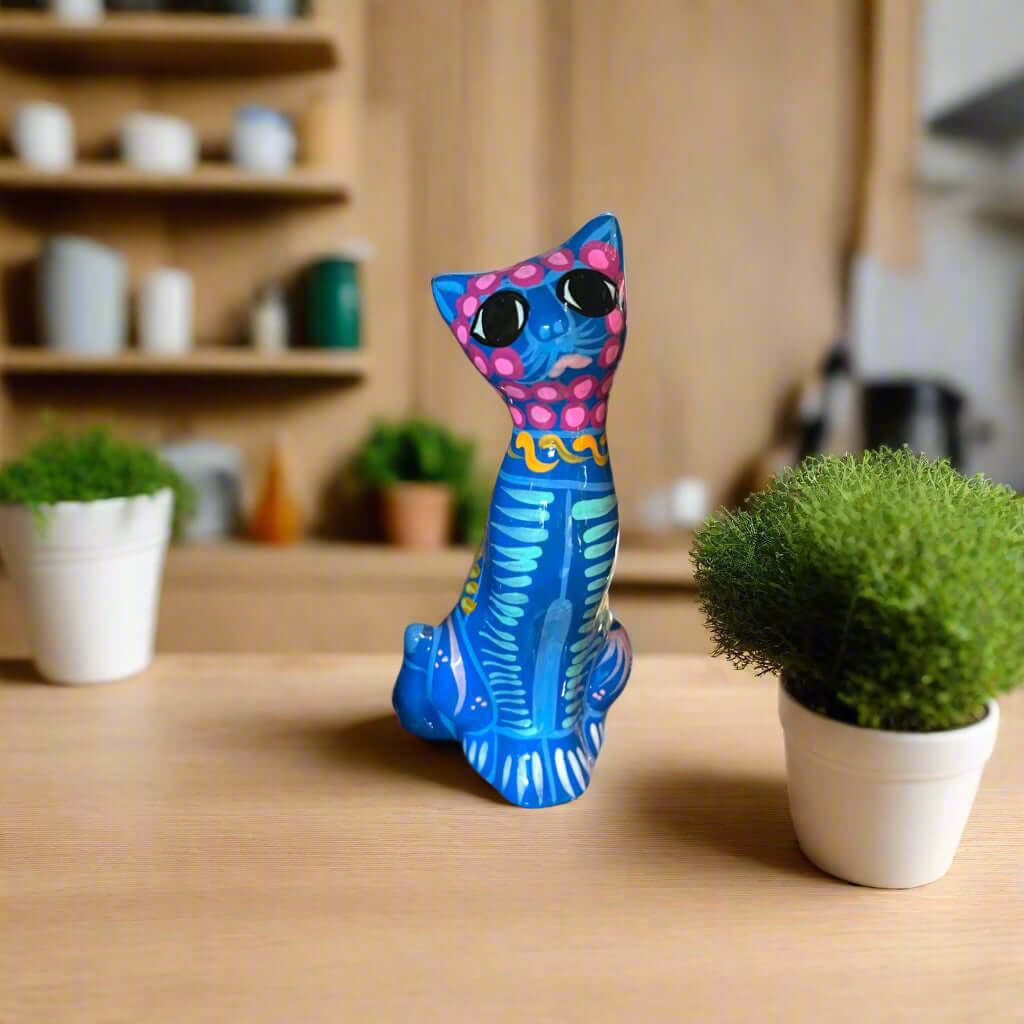 Hand-Painted Guerrero Cat Statue | Colorful Mexican Ceramic Figure (Medium) - vibrant blue hand-painted Guerrero pottery cat on wooden table