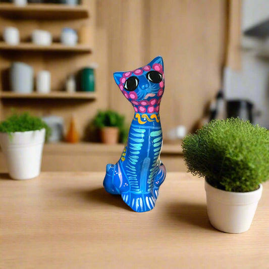 Hand-Painted Guerrero Cat Statue | Colorful Mexican Ceramic Figure (Medium) - vibrant blue hand-painted Guerrero pottery cat on wooden table