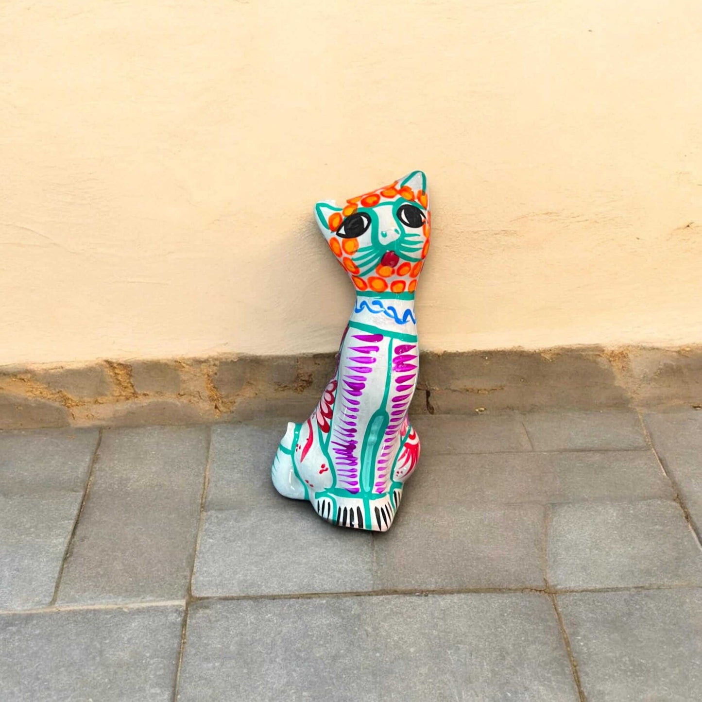 Hand-Painted Guerrero Cat Statue | Colorful Mexican Ceramic Figure (Medium) - hand-painted vibrant Guerrero pottery cat, kiln-fired lead-free glaze