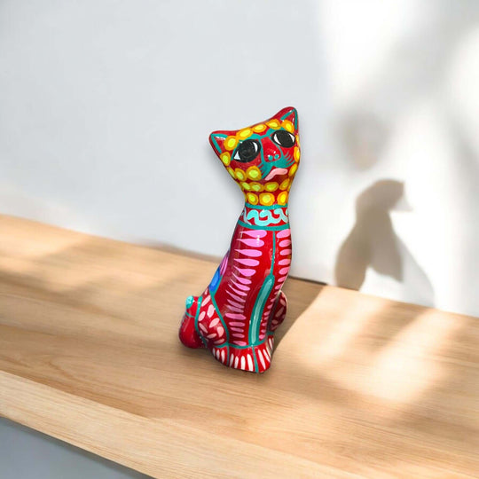 Hand-Painted Guerrero Cat Statue | Colorful Mexican Ceramic Figure (Medium) - hand-painted vibrant Guerrero pottery cat on wooden shelf