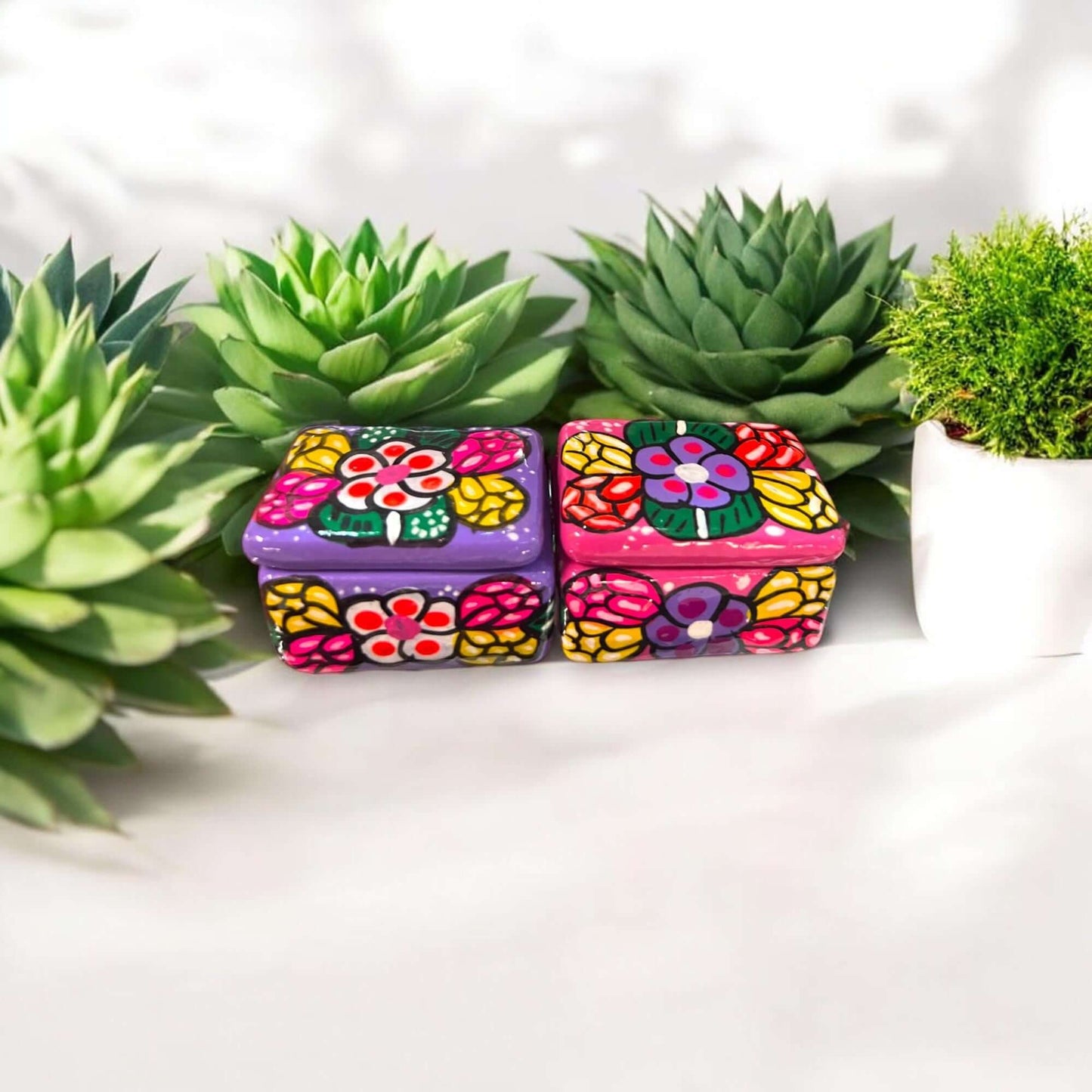 Colorful Hand-Painted Guerrero Jewelry Box | Mexican Ceramic Earring Holder vibrant hand-painted floral ceramic earring holder with succulent decor