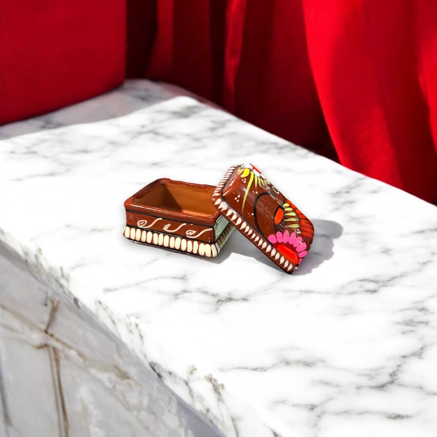 Colorful Hand-Painted Guerrero Jewelry Box | Mexican Ceramic Earring Holder on marble ledge, hand-painted Guerrero pottery jewelry box