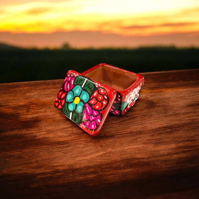 Colorful Hand-Painted Guerrero Jewelry Box | Mexican Ceramic Earring Holder handcrafted Talavera-style floral ceramic jewelry box on wood