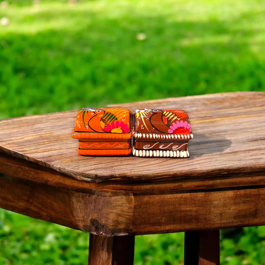 Colorful Hand-Painted Guerrero Jewelry Box | Mexican Ceramic Chest - hand-painted Guerrero ceramic jewelry chest with bird motifs on wooden table