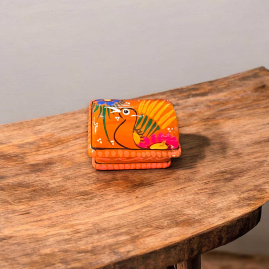 Colorful Hand-Painted Guerrero Jewelry Box | Mexican Ceramic Chest - vibrant orange hand-painted ceramic jewelry chest with floral and bird motif
