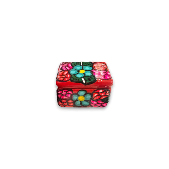 Colorful Hand-Painted Guerrero Jewelry Box | Mexican Ceramic Chest - vibrant hand-painted red floral Talavera-style jewelry chest