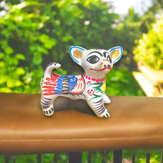 Guerrero Chihuahua Statue | Hand-Painted Mexican Animal Decor - hand-painted ceramic chihuahua with colorful Guerrero pottery design
