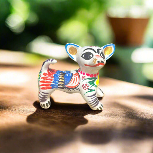 Guerrero Chihuahua Statue | Hand-Painted Mexican Animal Decor - hand-painted Guerrero pottery chihuahua figurine with vibrant floral details