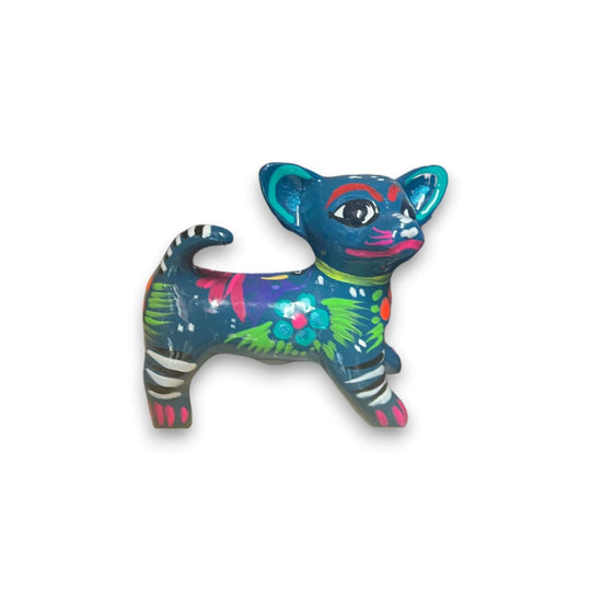 Guerrero Chihuahua Statue | Hand-Painted Mexican Animal Decor - hand-painted blue Guerrero pottery chihuahua with floral details, kiln-fired lead-free glaze