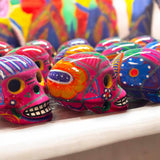 Hand-Painted Guerrero Skull | Colorful Mexican Artisan Statue - vibrant hand-painted Guerrero pottery skulls, kiln-fired lead-free glaze, Guanajuato artisans