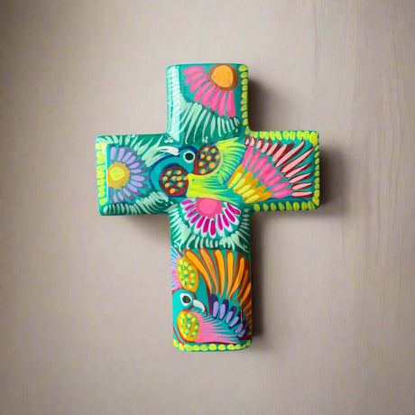 Guerrero Hand-Painted Cross Wall Art | Colorful Mexican Décor - vibrant hand-painted Talavera-style cross with floral motifs, handcrafted in Guanajuato, Mexico