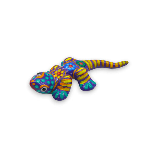 Vibrant Guerrero Gecko Figurine | Hand-Painted Mexican Folk Art - hand-painted pink green striped Guerrero gecko with floral motif