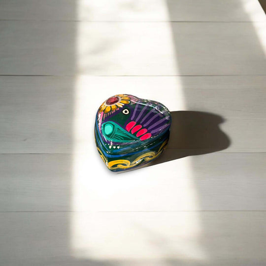 Hand-Painted Guerrero Heart-Shaped Jewelry Box | Mexican Ceramic Earring Holder - hand-painted colorful Guerrero heart jewelry box